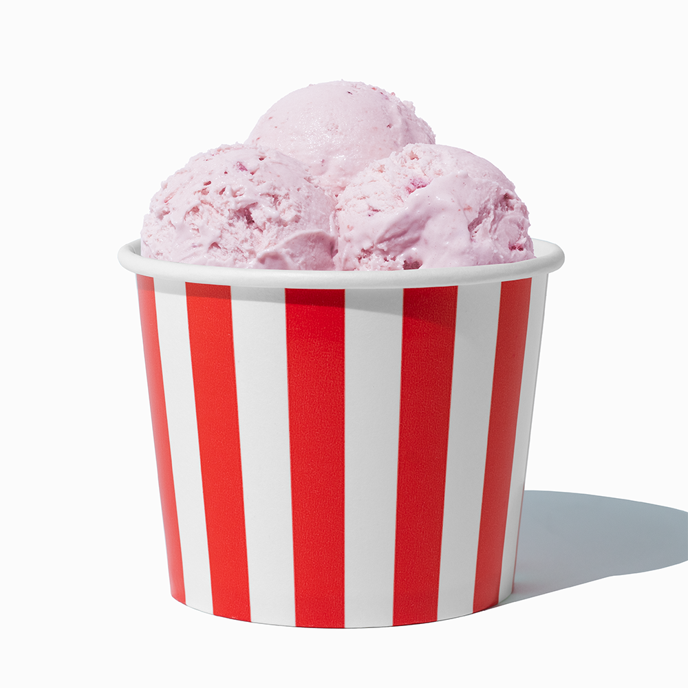 12 oz Red Striped paper food bowl shown with a large serving of frozen dessert