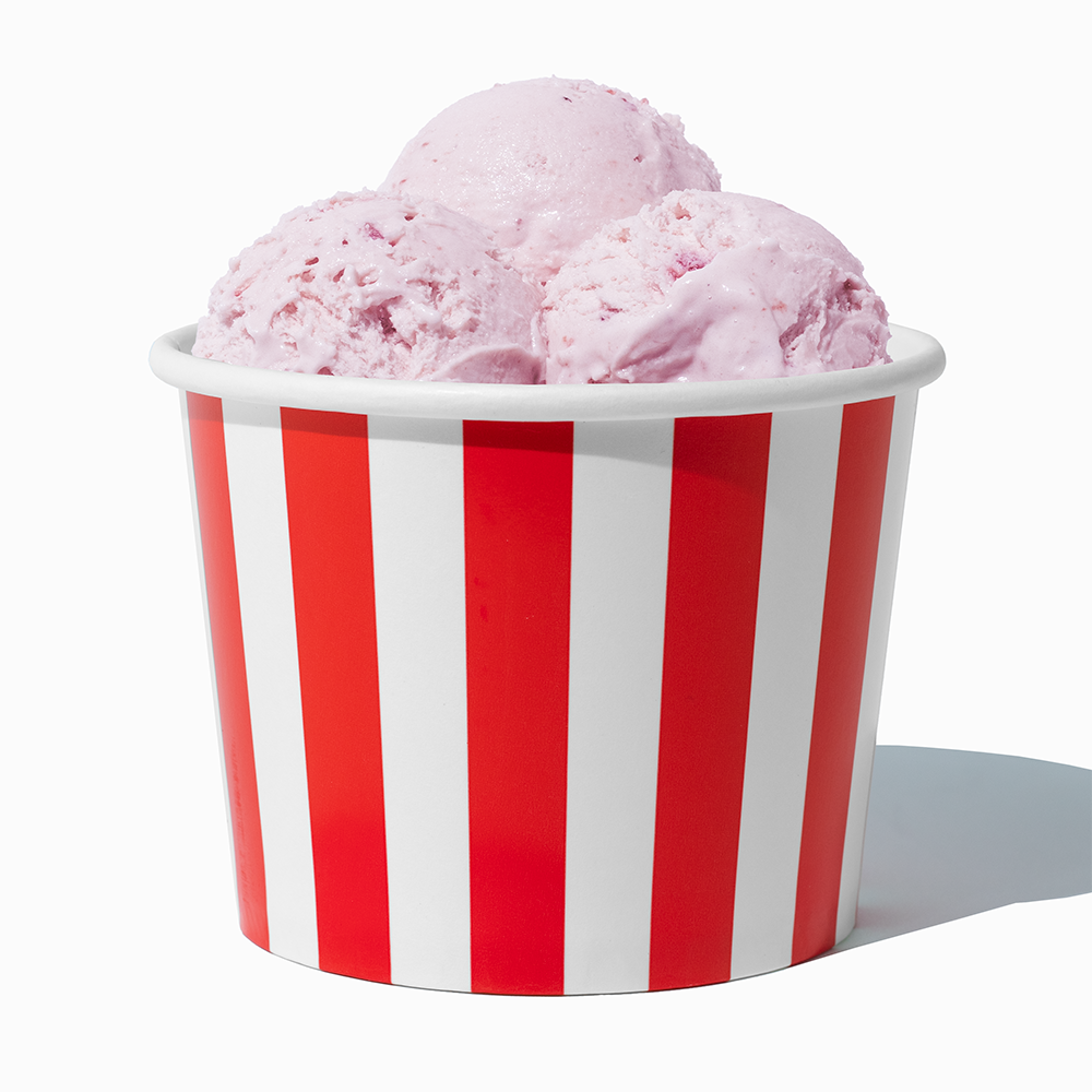 16 oz Red Striped paper pint container filled with a family-sized ice cream portion
