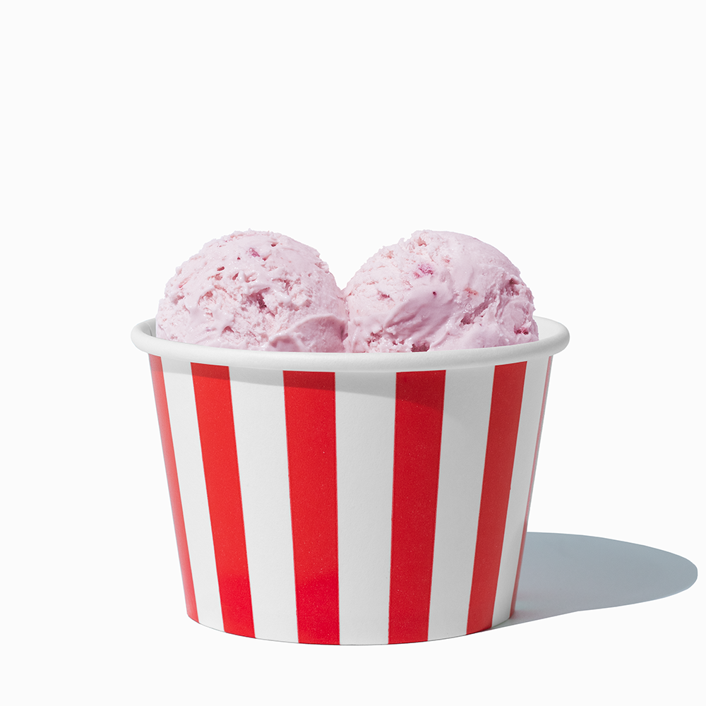 8 oz Red Striped bulk ice cream container filled with two scoops of cold treats