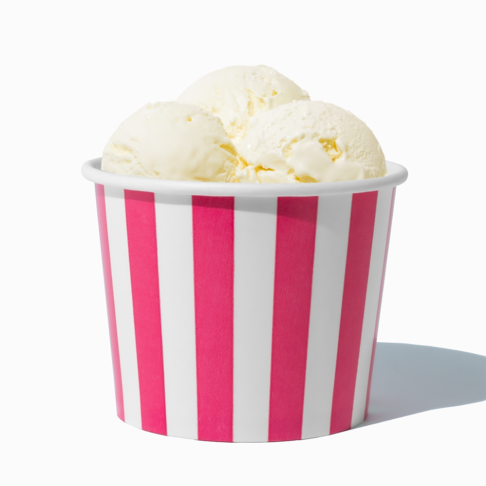 12 oz Pink Striped paper food bowl shown with a large serving of frozen dessert