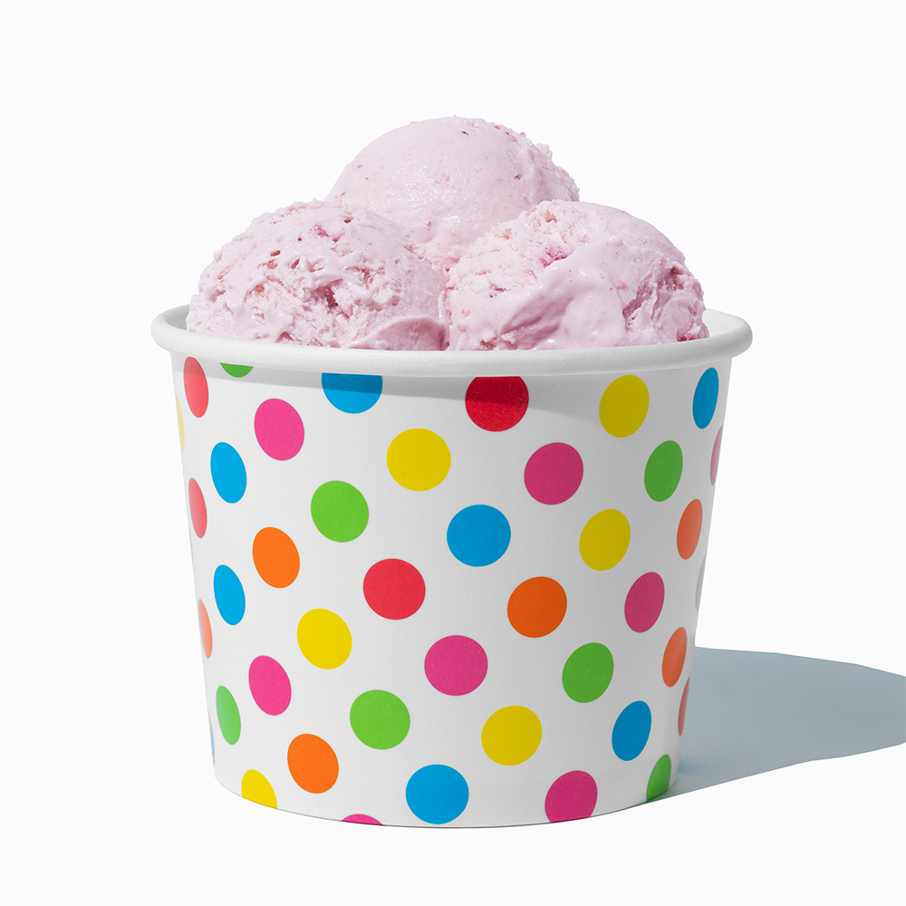 12 oz Rainbow Polka Dot paper food bowl shown with a large serving of frozen dessert