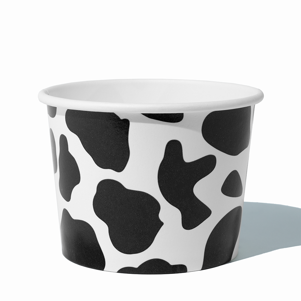 16 oz Cow Print double-poly bulk paper pint container for hot soup and takeout