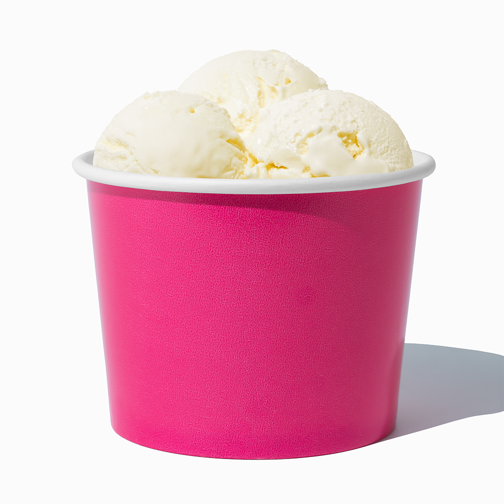 16 oz Pink paper pint container filled with a family-sized ice cream portion