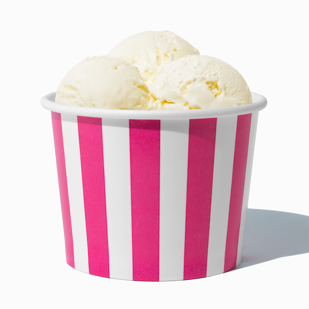 16 oz Pink Striped paper pint container filled with a family-sized ice cream portion