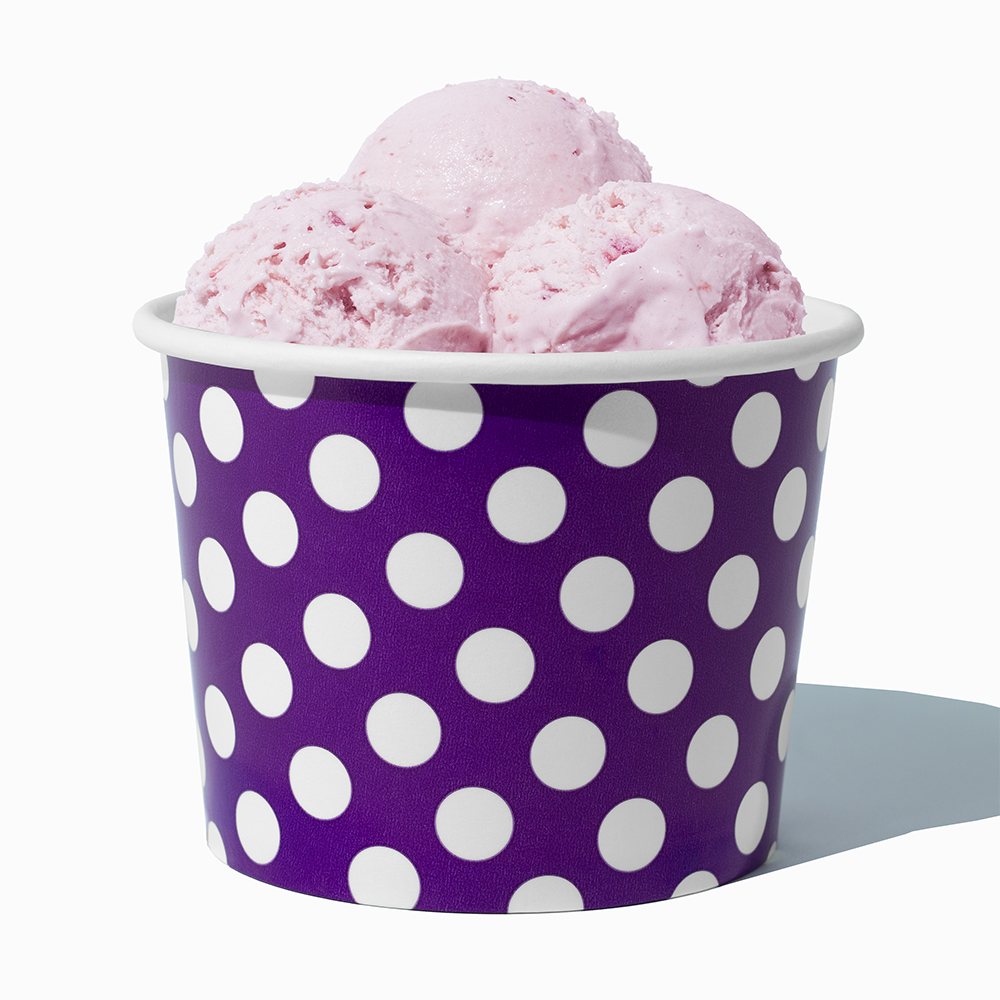 16 oz Purple Polka Dot paper pint container filled with a family-sized ice cream portion