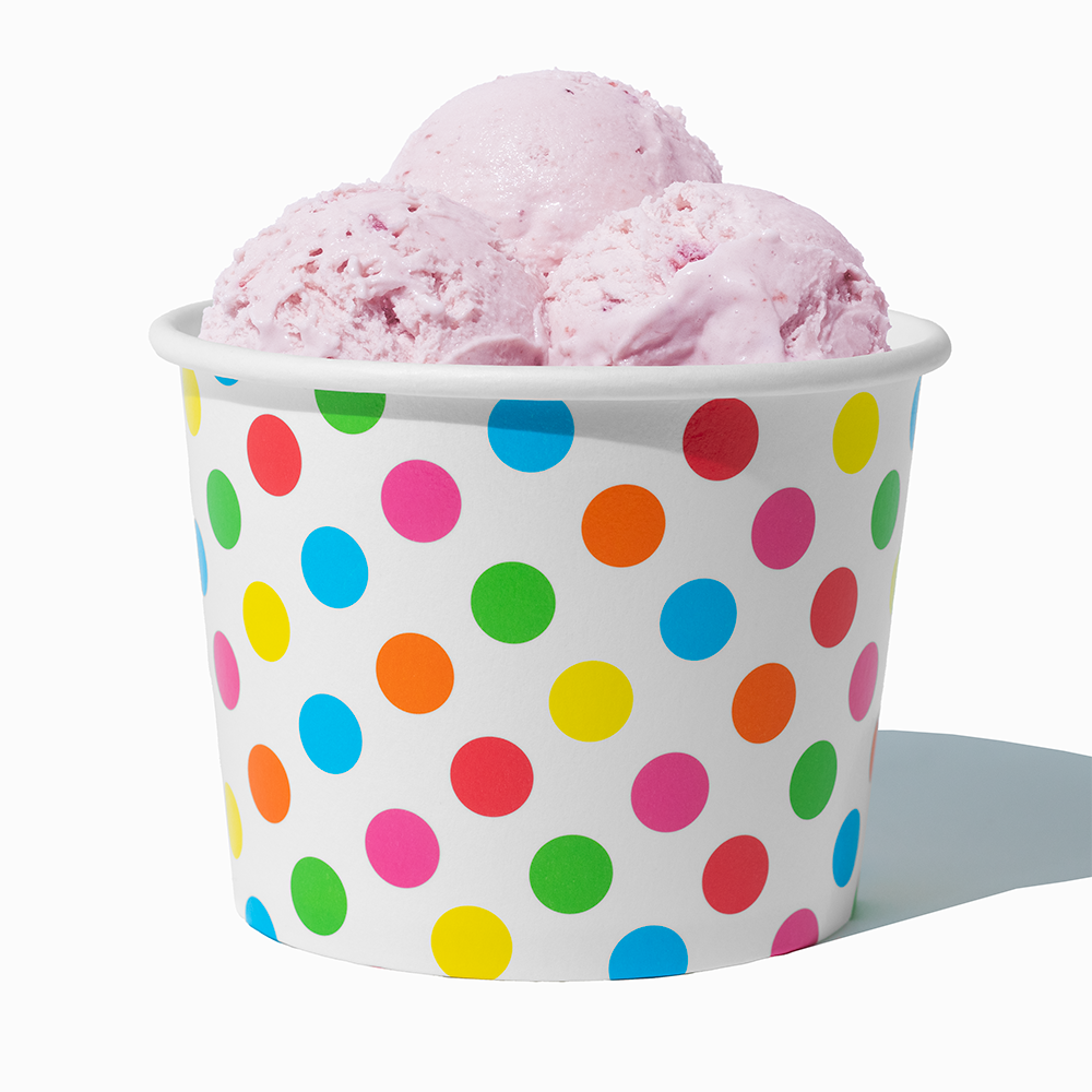 16 oz Rainbow Polka Dot paper pint container filled with a family-sized ice cream portion
