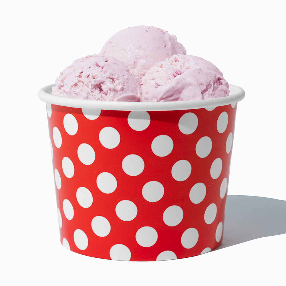 16 oz Red Polka Dot paper pint container filled with a family-sized ice cream portion