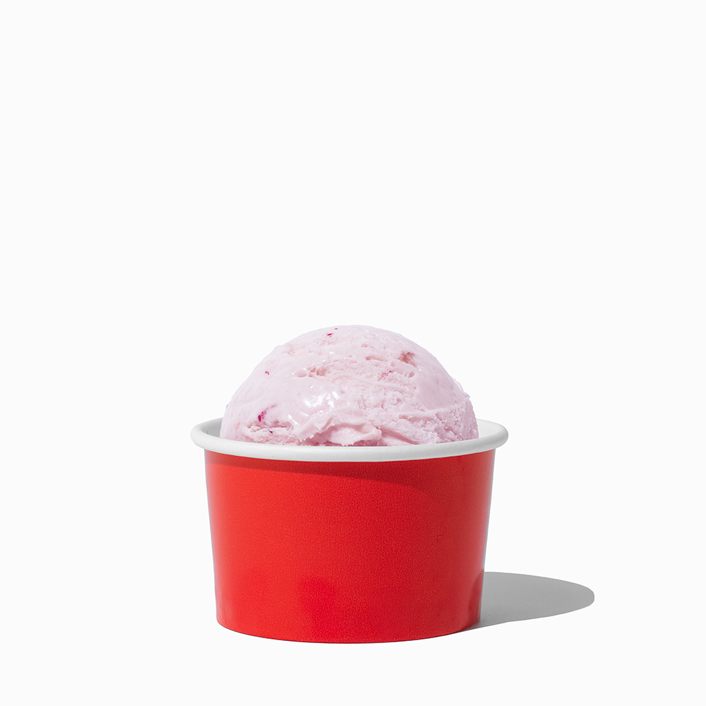 3 oz Red paper cup filled with a mini ice cream scoop for portioned food tasting.