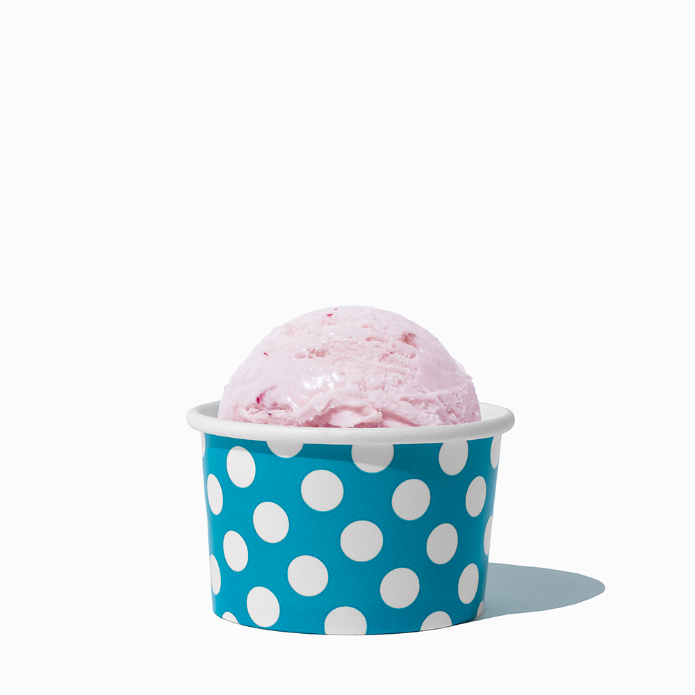 4 oz Blue Polka Dot ice cream cup shown with a fresh scoop of dessert for party catering