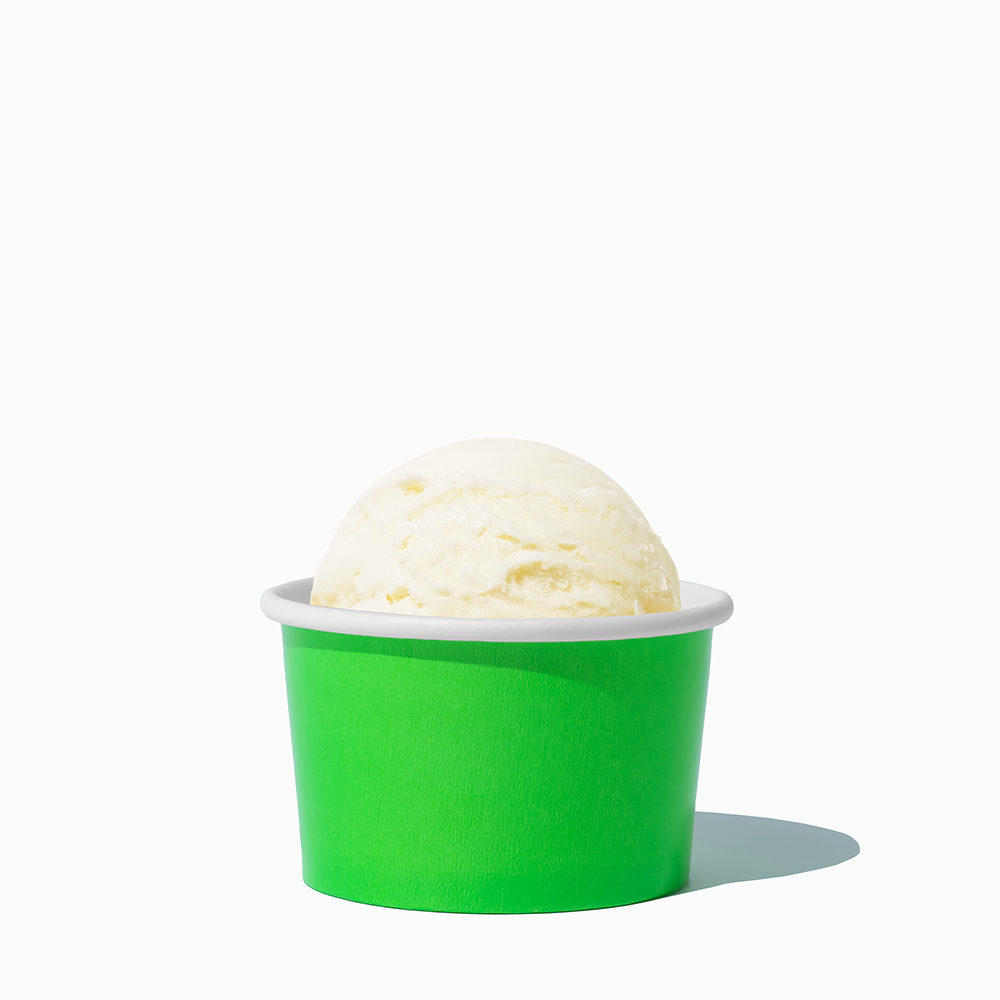 4 oz Green ice cream cup shown with a fresh scoop of dessert for party catering