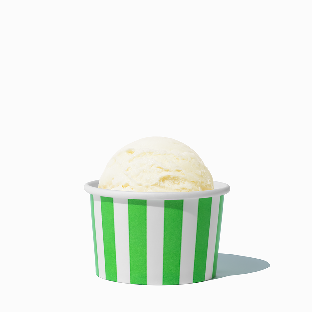 4 oz Green Striped ice cream cup shown with a fresh scoop of dessert for party catering
