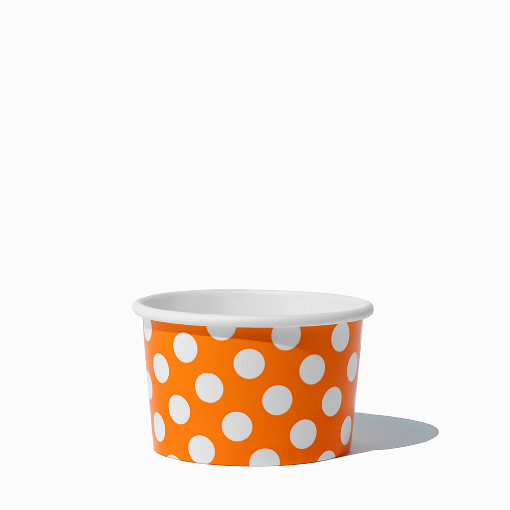 4 oz Orange Polka Dot disposable paper ice cream cups for parties and dessert shops