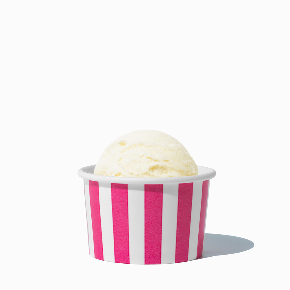 4 oz Pink Striped ice cream cup shown with a fresh scoop of dessert for party catering