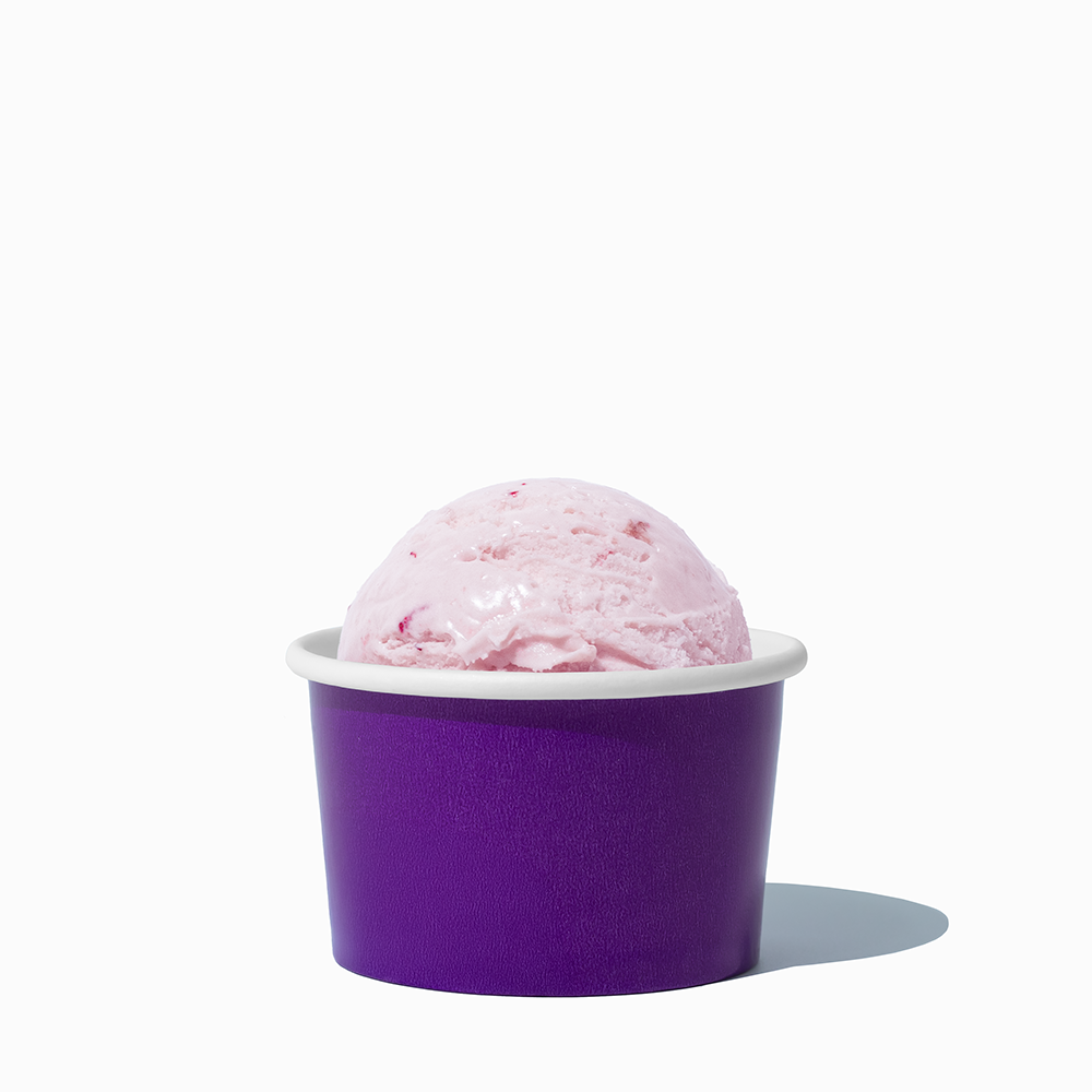 4 oz Purple ice cream cup shown with a fresh scoop of dessert for party catering