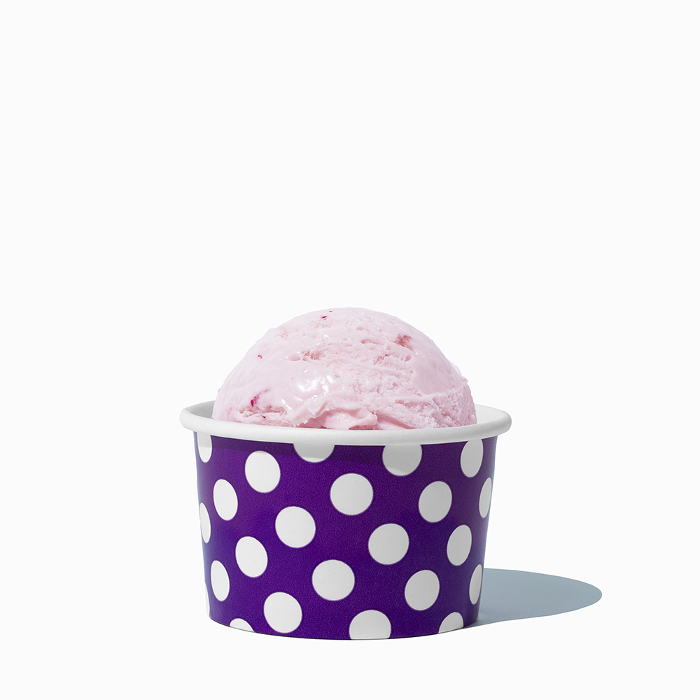 4 oz Purple Polka Dot ice cream cup shown with a fresh scoop of dessert for party catering