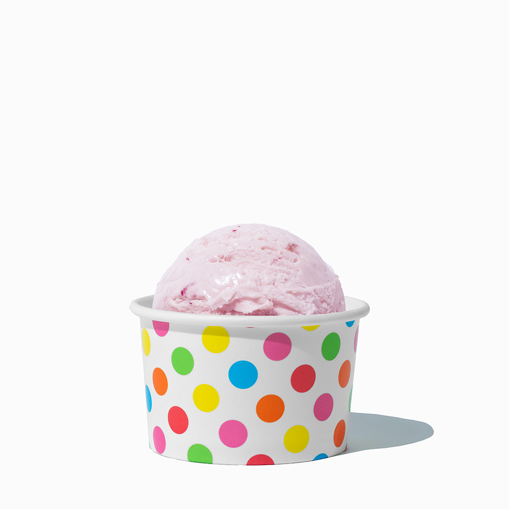 4 oz Rainbow Polka Dot ice cream cup shown with a fresh scoop of dessert for party catering