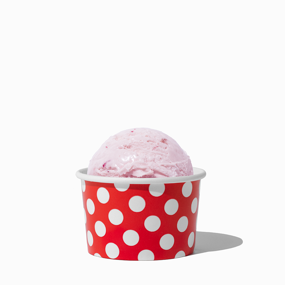 4 oz Red Polka Dot ice cream cup shown with a fresh scoop of dessert for party catering