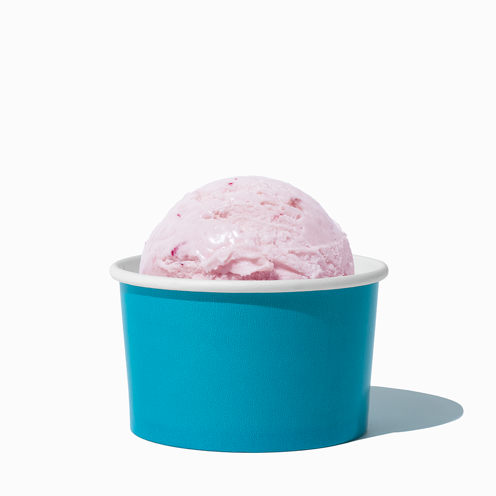 5 oz Blue paper food container filled with a scoop of ice cream