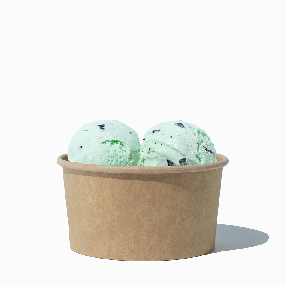 6 oz Kraft paper ice cream bowl filled with a scoop of ice cream