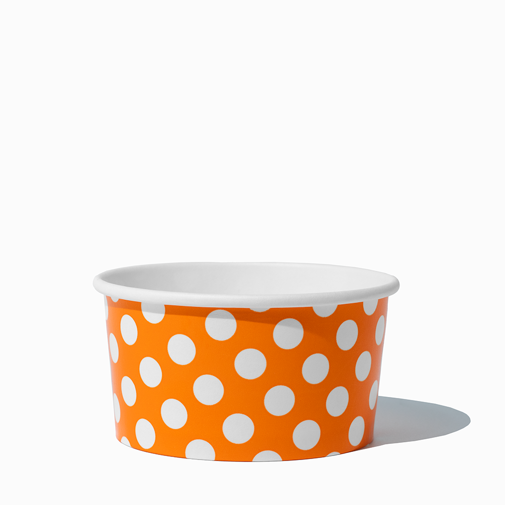 6 oz Orange Polka Dot paper ice cream bowls for frozen yogurt and sundaes