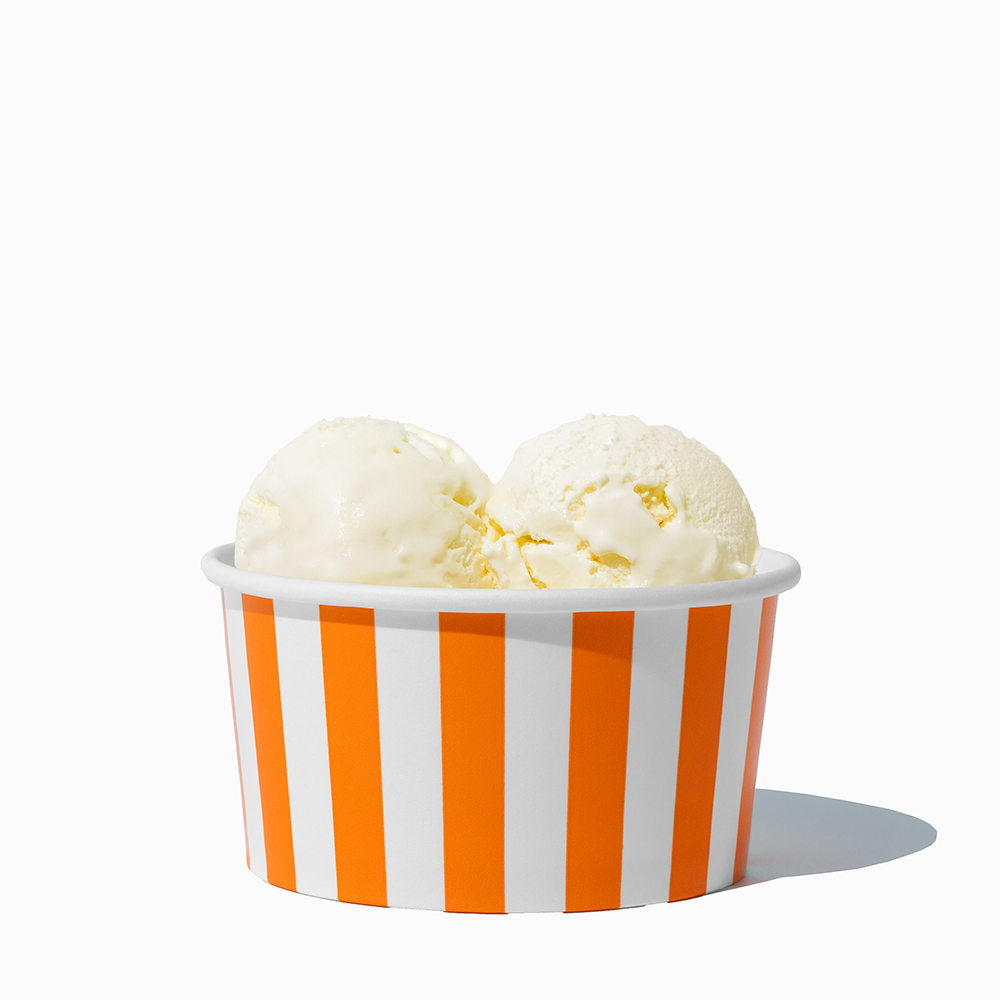 6 oz Orange Striped paper ice cream bowl filled with a scoop of ice cream