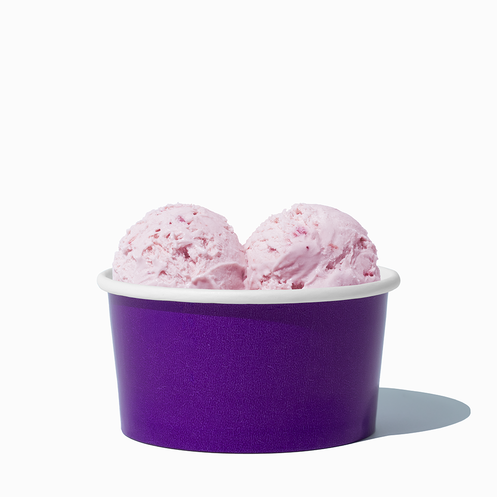 6 oz Purple paper ice cream bowl filled with a scoop of ice cream