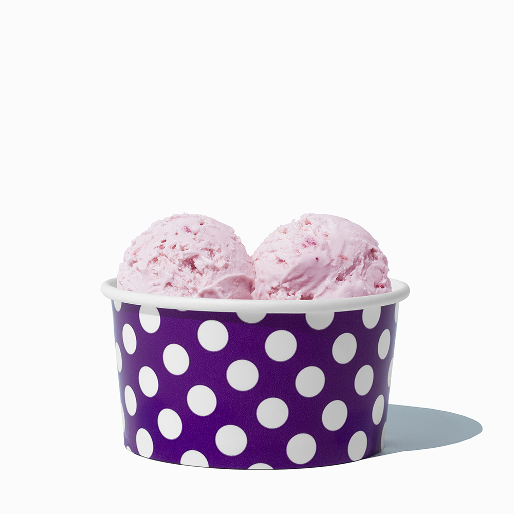 6 oz Purple Polka Dot paper ice cream bowl filled with a scoop of ice cream