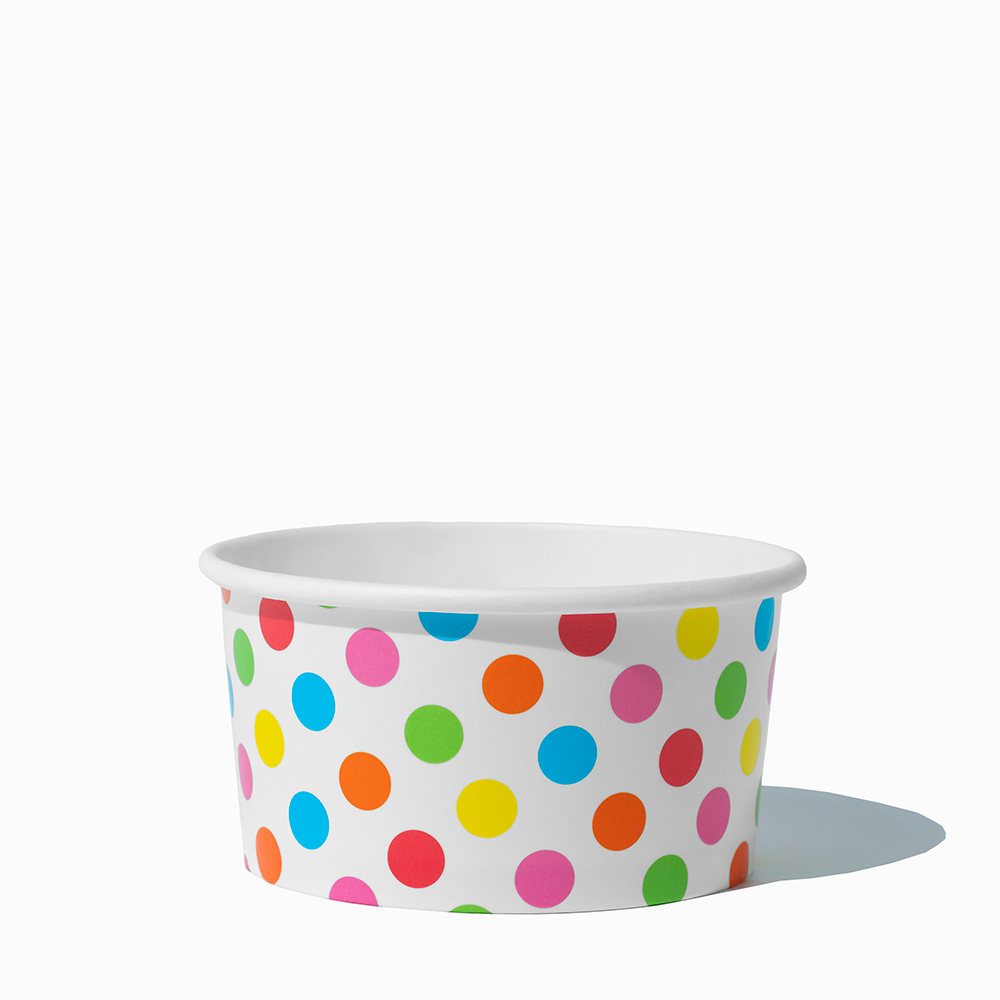 6 oz Rainbow Polka Dot paper ice cream bowls for frozen yogurt and sundaes