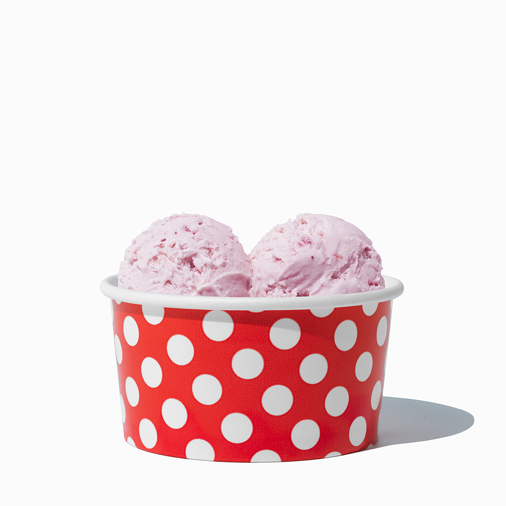 6 oz Red Polka Dot paper ice cream bowl filled with a scoop of ice cream