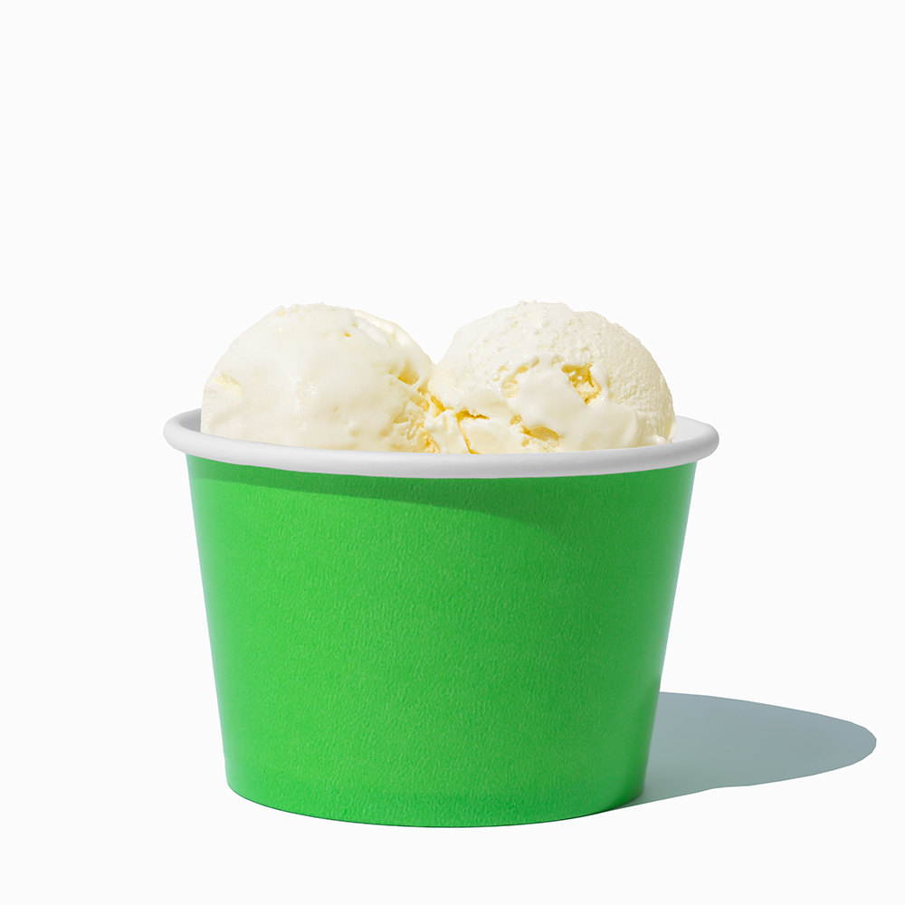 8 oz Green bulk ice cream container filled with two scoops of cold treats