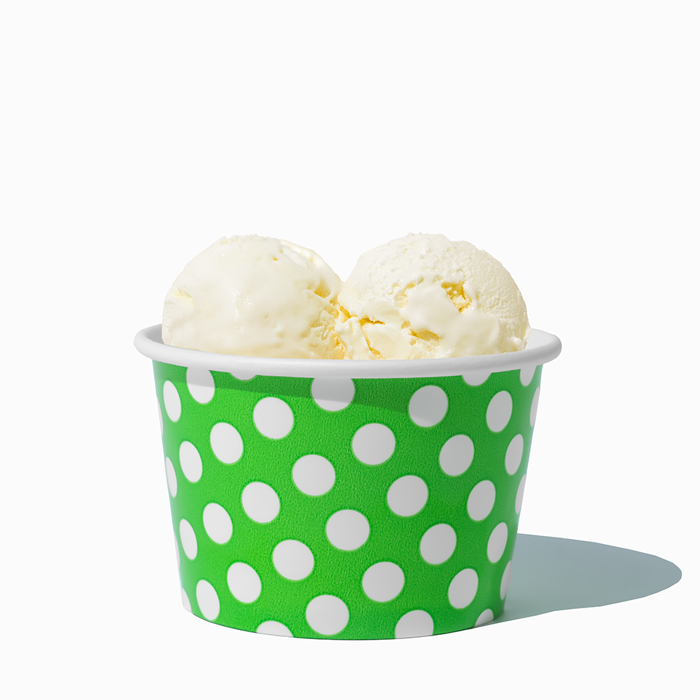 8 oz Green Polka Dot bulk ice cream container filled with two scoops of cold treats