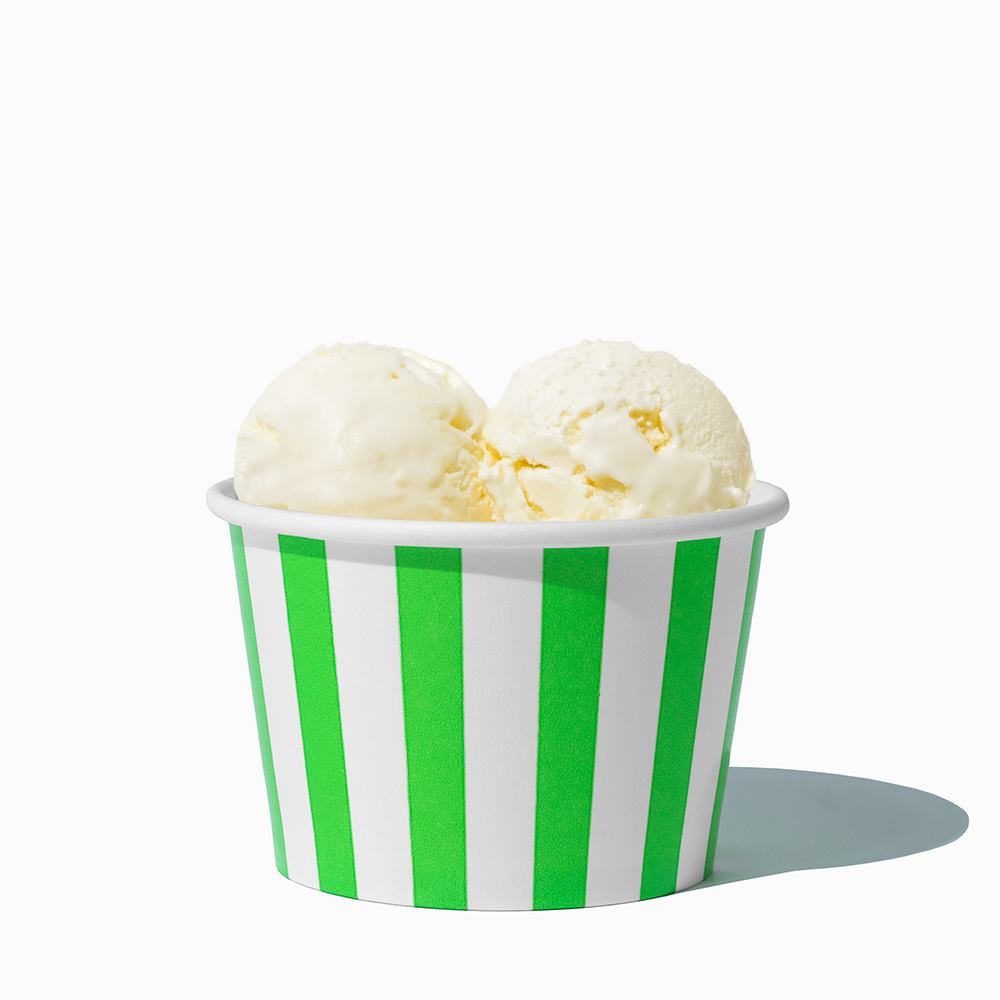 8 oz Green Striped bulk ice cream container filled with two scoops of cold treats