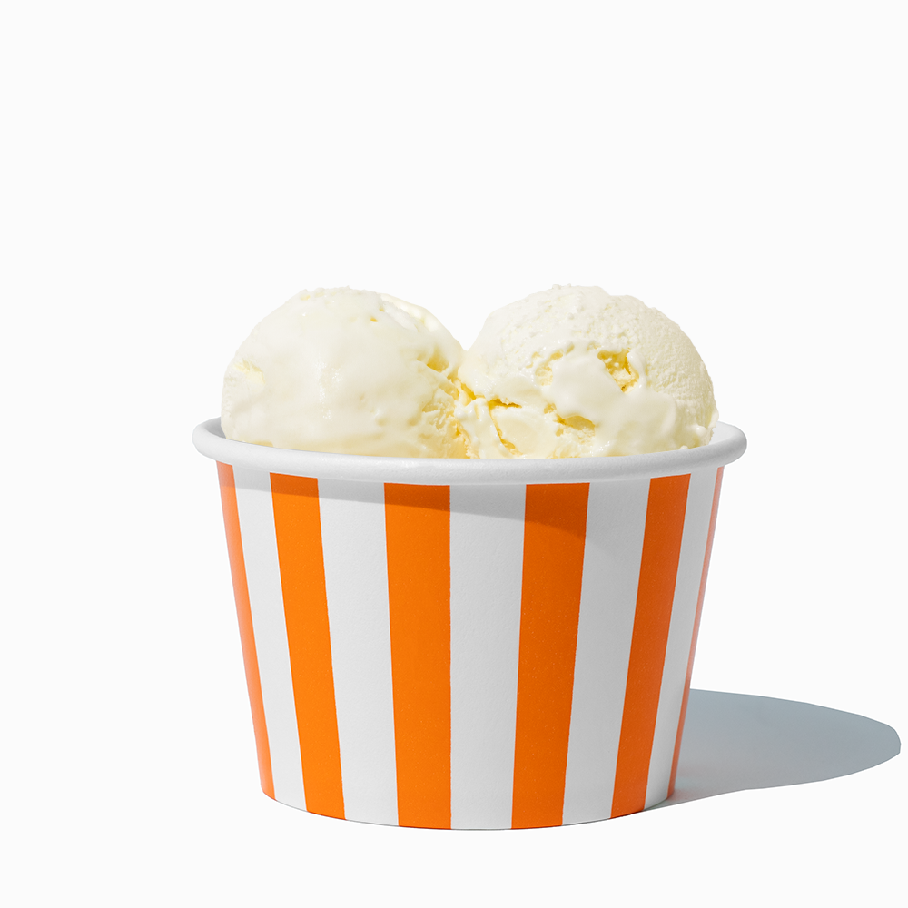 8 oz Orange Striped bulk ice cream container filled with two scoops of cold treats