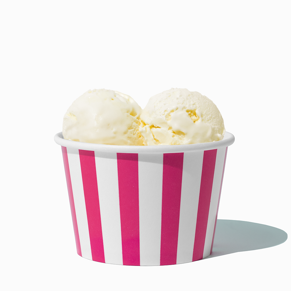 8 oz Pink Striped bulk ice cream container filled with two scoops of cold treats
