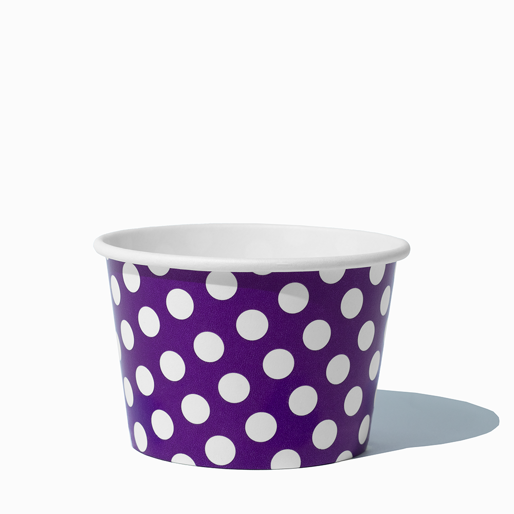 8 oz Purple Polka Dot bulk paper ice cream containers for shops and cafes
