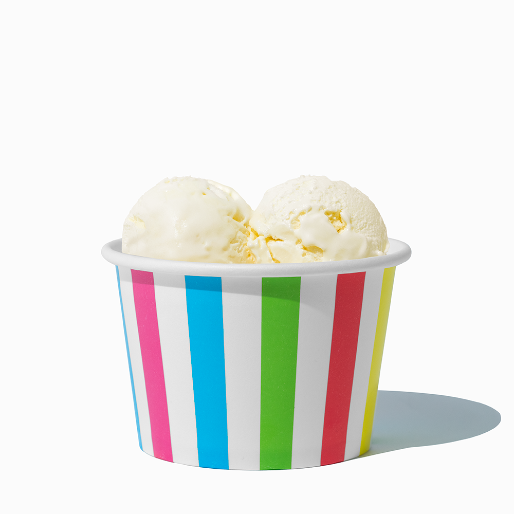 8 oz Rainbow Striped bulk ice cream container filled with two scoops of cold treats