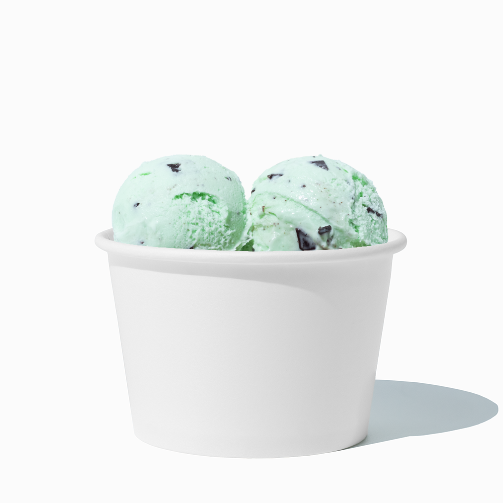 8 oz White bulk ice cream container filled with two scoops of cold treats
