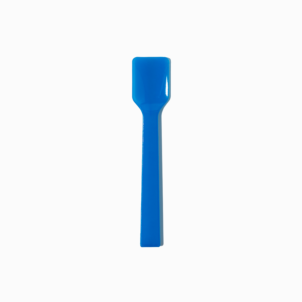 Blue flat-edge plastic gelato spoon - Single close-up for Italian ice service.