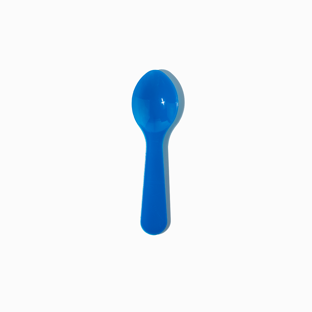 Blue 3-inch mini plastic tasting spoon - Single close-up for commercial flavor testing.
