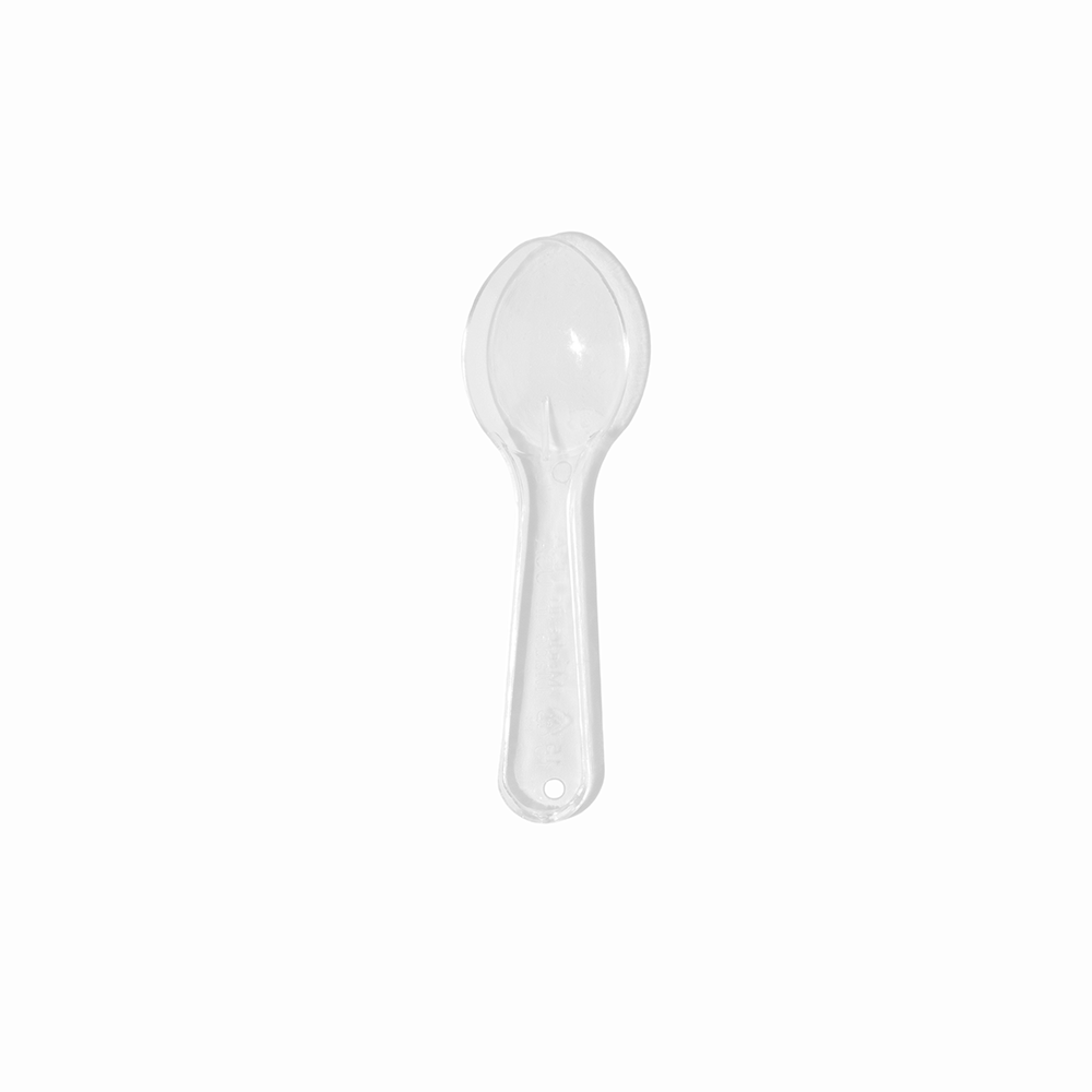 Clear 3-inch plastic taster spoon - Single close-up for elegant catering and event sampling.