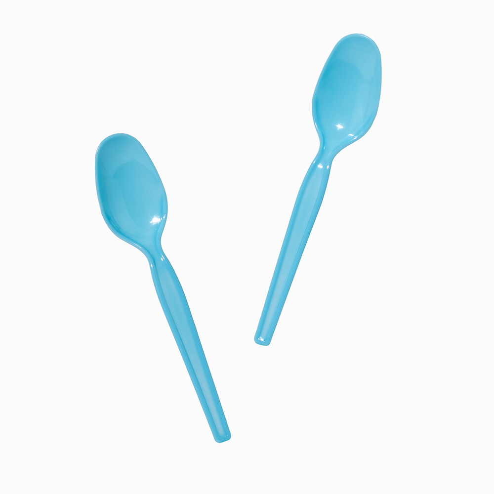 Blue commercial super dessert spoons arranged for portioning frozen treats.