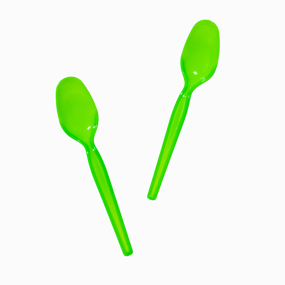 Green heavy-weight super dessert spoons in motion for high-volume dessert scooping.