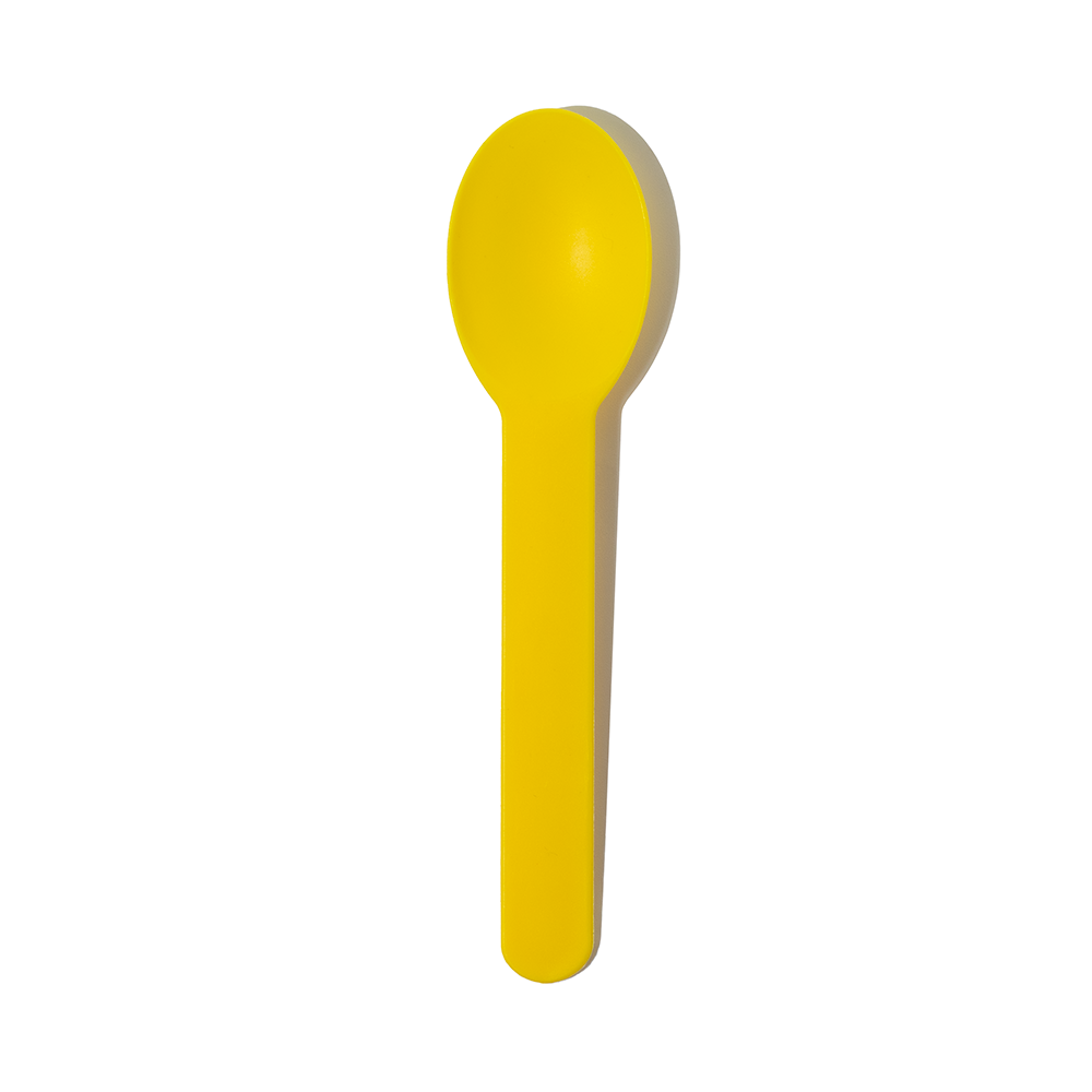 Yellow heavy-duty commercial plastic ice cream spoon - Single close-up for hard-dipped desserts.