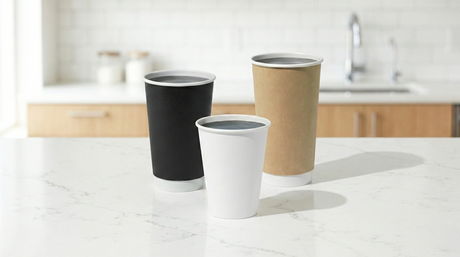 A stack of bulk disposable hot paper cups with premium lining, representing wholesale coffee supplies for cafes and offices