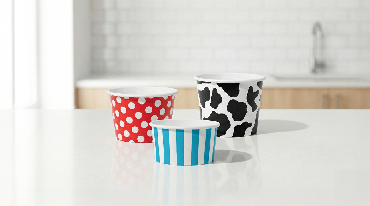 Uniq Supply double poly-lined paper food cups in various sizes and patterns.