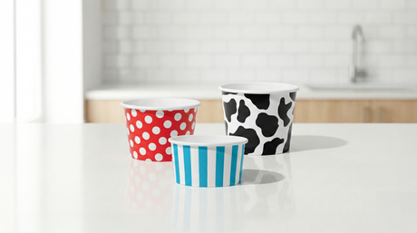 Uniq Supply double poly-lined paper food cups in various sizes and patterns.