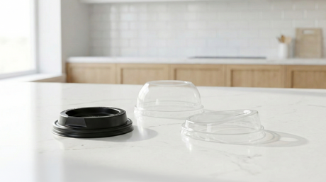 Assortment of commercial foodservice lids including clear dome lids, hot cup lids, and food container lids.