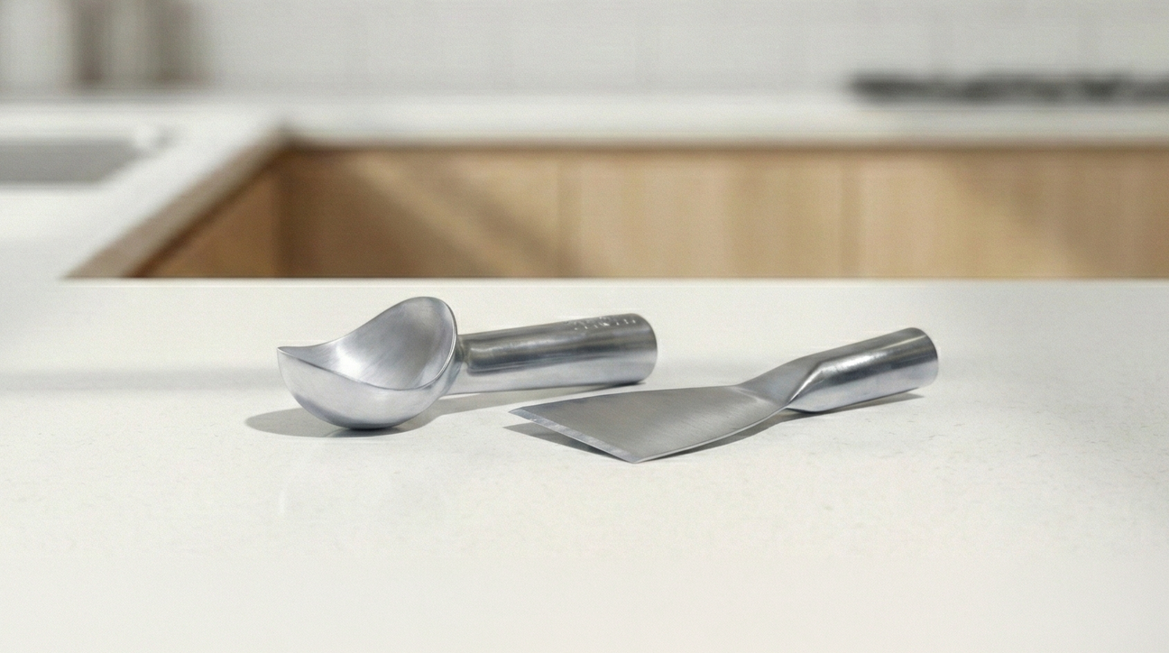 Commercial dessert tools including Zeroll aluminum ice cream scoops and stainless steel scrapers.