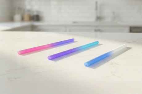 Assortment of commercial color-changing plastic straws reacting to cold beverages.