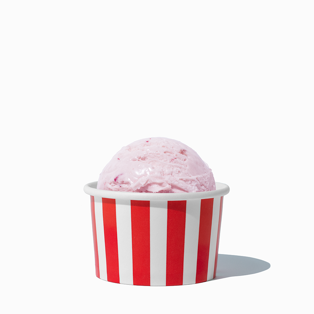 4 oz Red Striped ice cream cup shown with a fresh scoop of dessert for party catering
